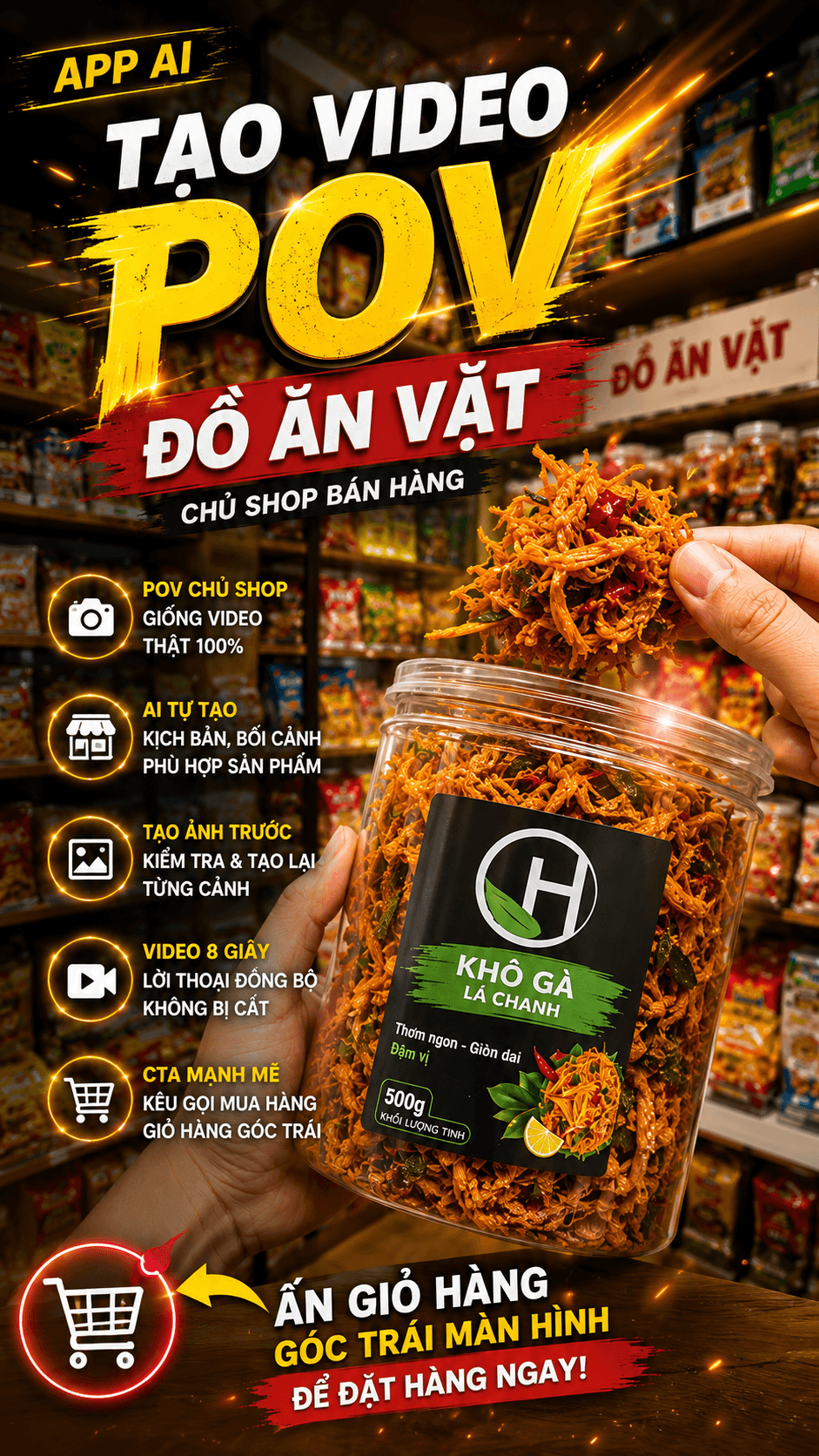Ảnh bìa App AI Tạo Video POV Đồ Ăn Vặt